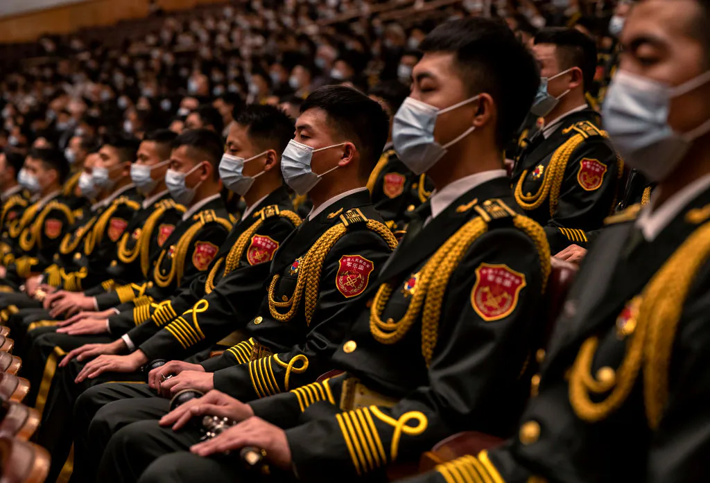 Members of he Peoples Liberation Army band are seated during the Opening Ceremony of the 20th National Congress of the Communist Party of China  at The Great Hall of People on Oct. 16, 2022 in Beijing, China.  (Kevin Frayer/Getty Images)