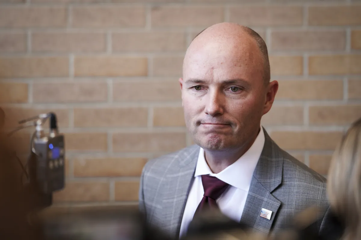 Utah Gov. Spencer Cox speaks with reporters at the George E. Wahlen Department of Veterans Affairs Medical Center in Salt Lake City on Aug. 10, 2023. (Madalina Vasiliu/The Epoch Times)