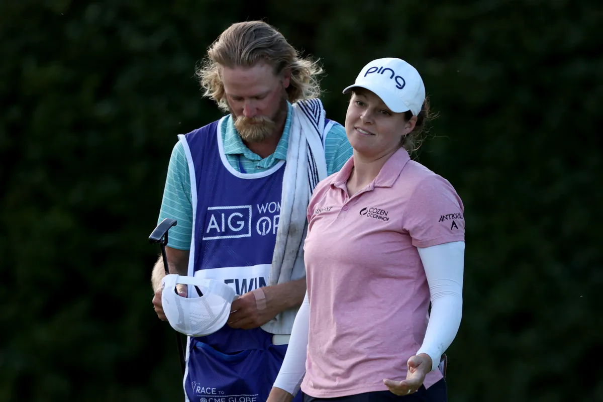 Ally Ewing of the United States reacts after a putt on the 18th green on Day One of the AIG Women's Open at Walton Heath Golf Club in Tadworth, England, on Aug. 10, 2023. (Warren Little/Getty Images)