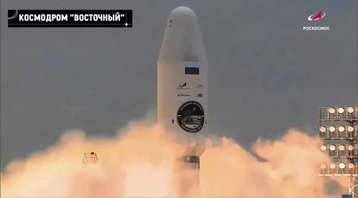 The Soyuz-2.1b rocket with the moon lander Luna-25 automatic station takes off from a launch pad at the Vostochny Cosmodrome in the Russia's Far East, on Aug. 11, 2023, local time. (Roscosmos State Space Corporation via AP)
