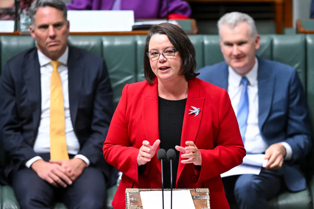 Australian Resource Minister Madeleine King speaks during Question Time at Parliament House in Canberra, Australia on Aug. 9, 2023. (AAP Image/Lukas Coch)
