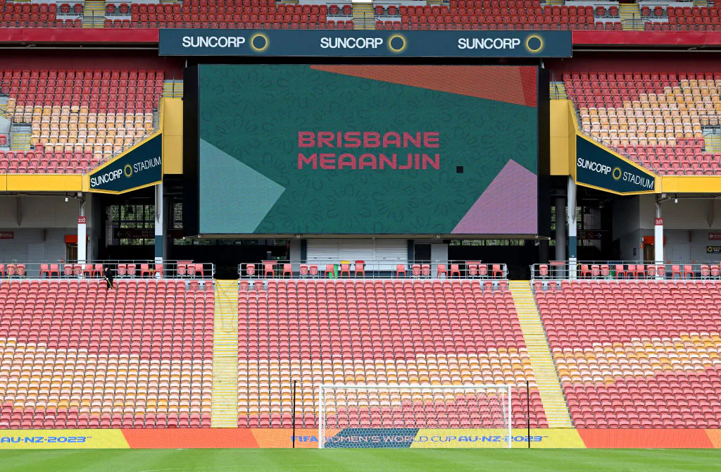 Signage including the dual names of Brisbane and Meaanjin displayed at the FIFA Women's World Cup 2023 'One Year To Go' event at Suncorp Stadium in Brisbane, Australia on July 20, 2022. (Bradley Kanaris/Getty Images for FIFA)