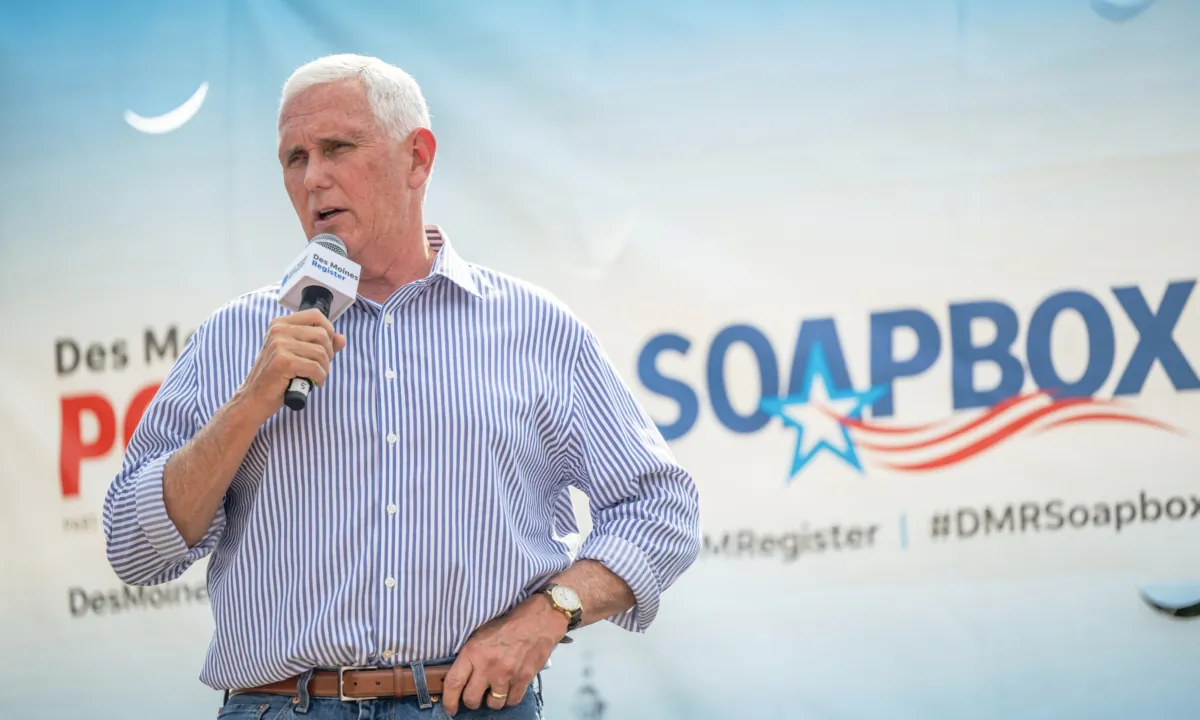 Republican presidential candidate former Vice President Mike Pence speaks during a campaign rally on the Des Moines Register SoapBox stage at the Iowa State Fair in Des Moines, Iowa, on Aug. 10, 2023. (Brandon Bell/Getty Images)