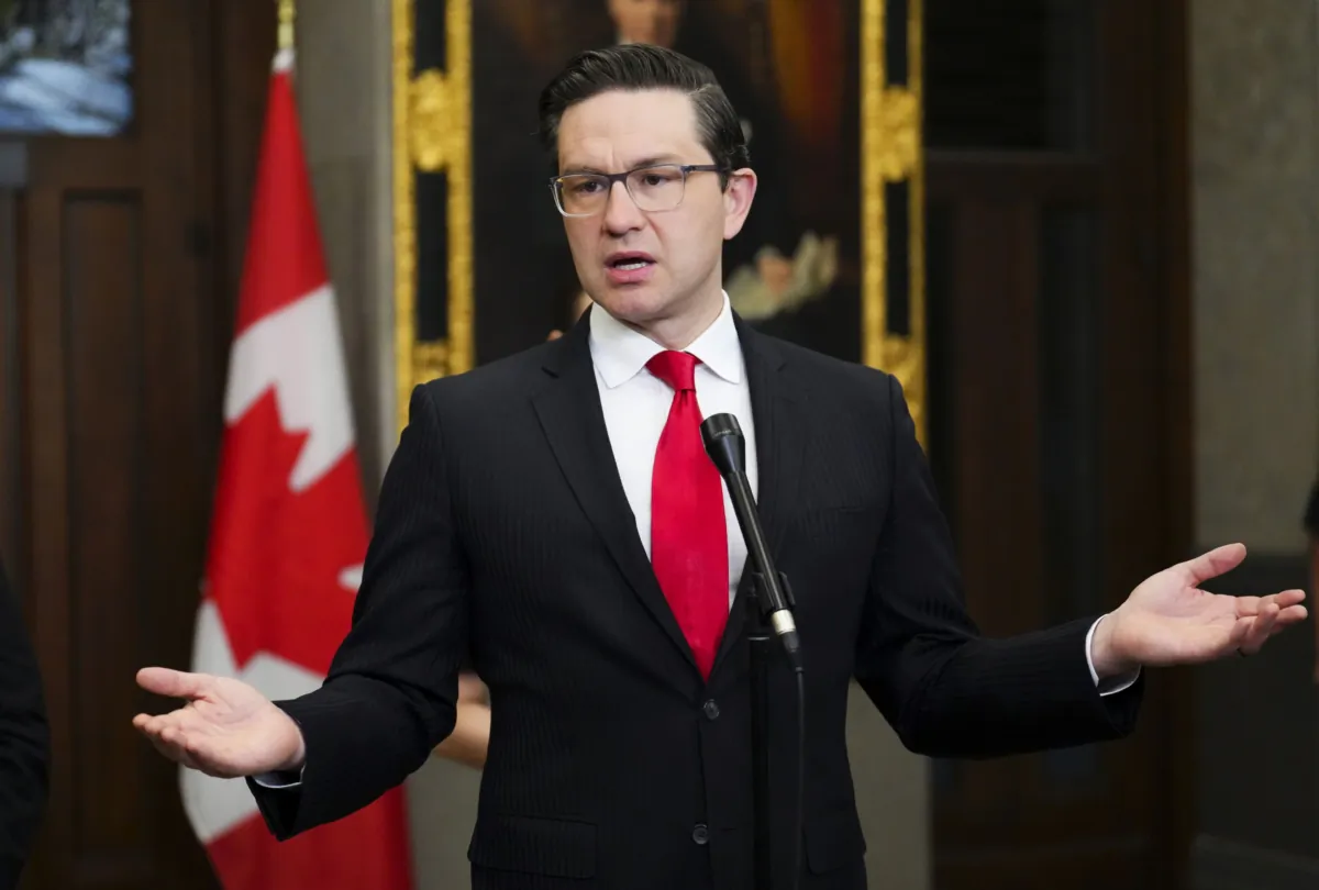 Conservative Leader Pierre Poilievre speaks to reporters in the foyer of the House of Commons on Parliament Hill in Ottawa on May 16, 2023. (The Canadian Press/Sean Kilpatrick)