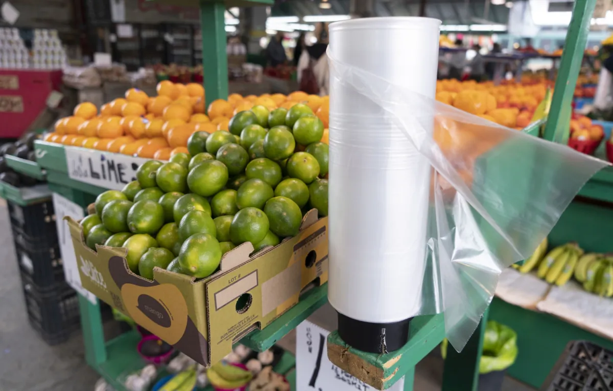 A roll of plastic bags is seen at a market in Montreal in a file photo. (The Canadian Press/Paul Chiasson)