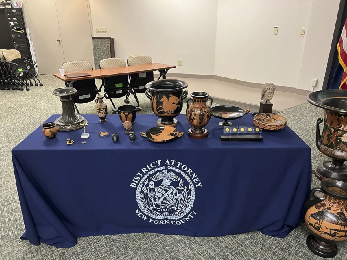 Some of the 266 antiquities returned from the United States to Italy are displayed during a handing over ceremony at the offices of the Manhattan district attorney in a picture made available on Aug. 11, 2023. (Italian Carabinieri Via AP)