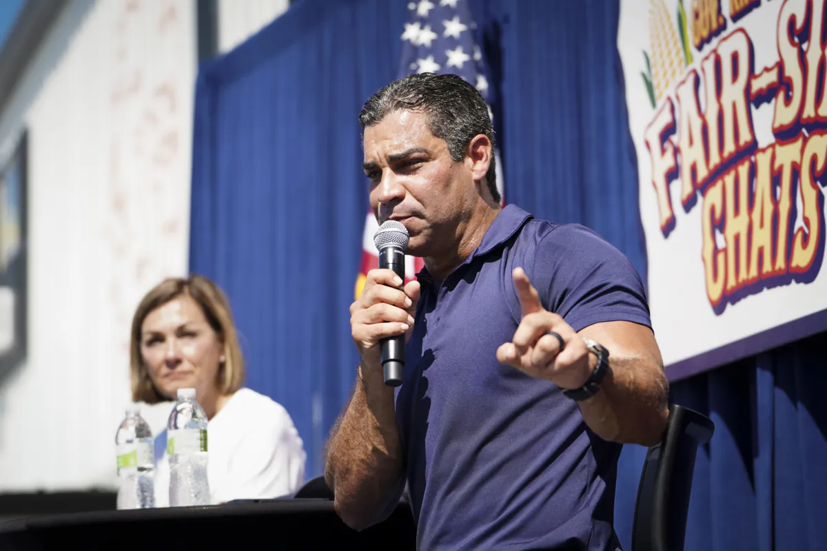 Republican presidential candidate and Miami Mayor Francis Suarez speaks at the Iowa State Fair in Des Moines, Iowa, on Aug. 11, 2023. (Madalina Vasiliu/The Epoch Times)