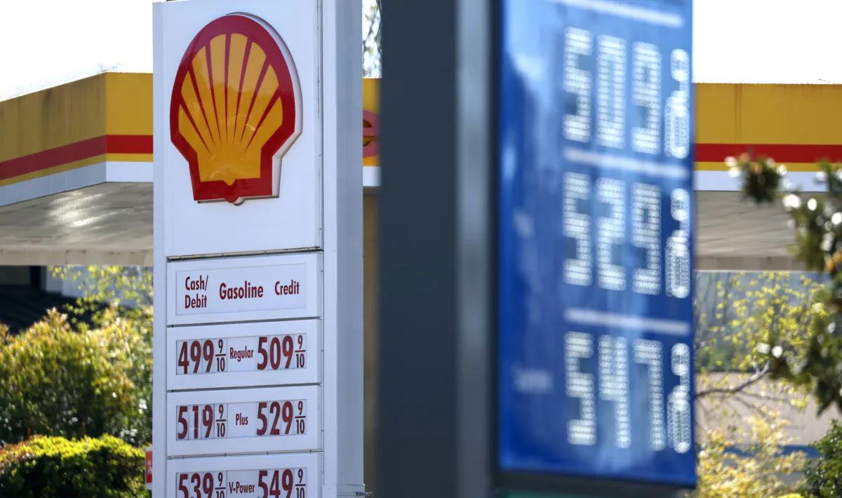 Gas prices are displayed at a gas station in San Rafael, Calif., on April 12, 2023. (Justin Sullivan/Getty Images)