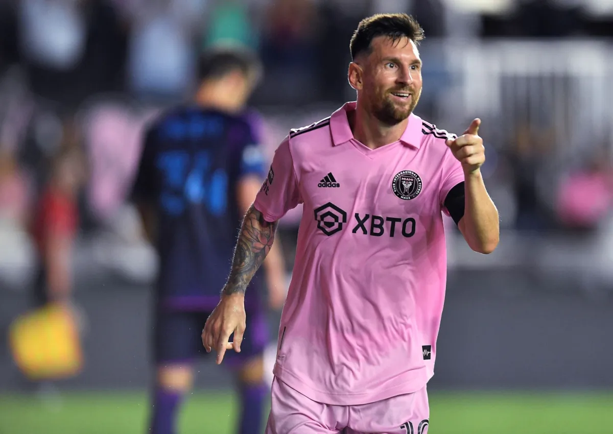Inter Miami forward Lionel Messi celebrates a goal against Charlotte FC during the second half of a Leagues Cup soccer match in Fort Lauderdale, Fla., on Aug. 11, 2023. (Michael Laughlin/AP Photo)