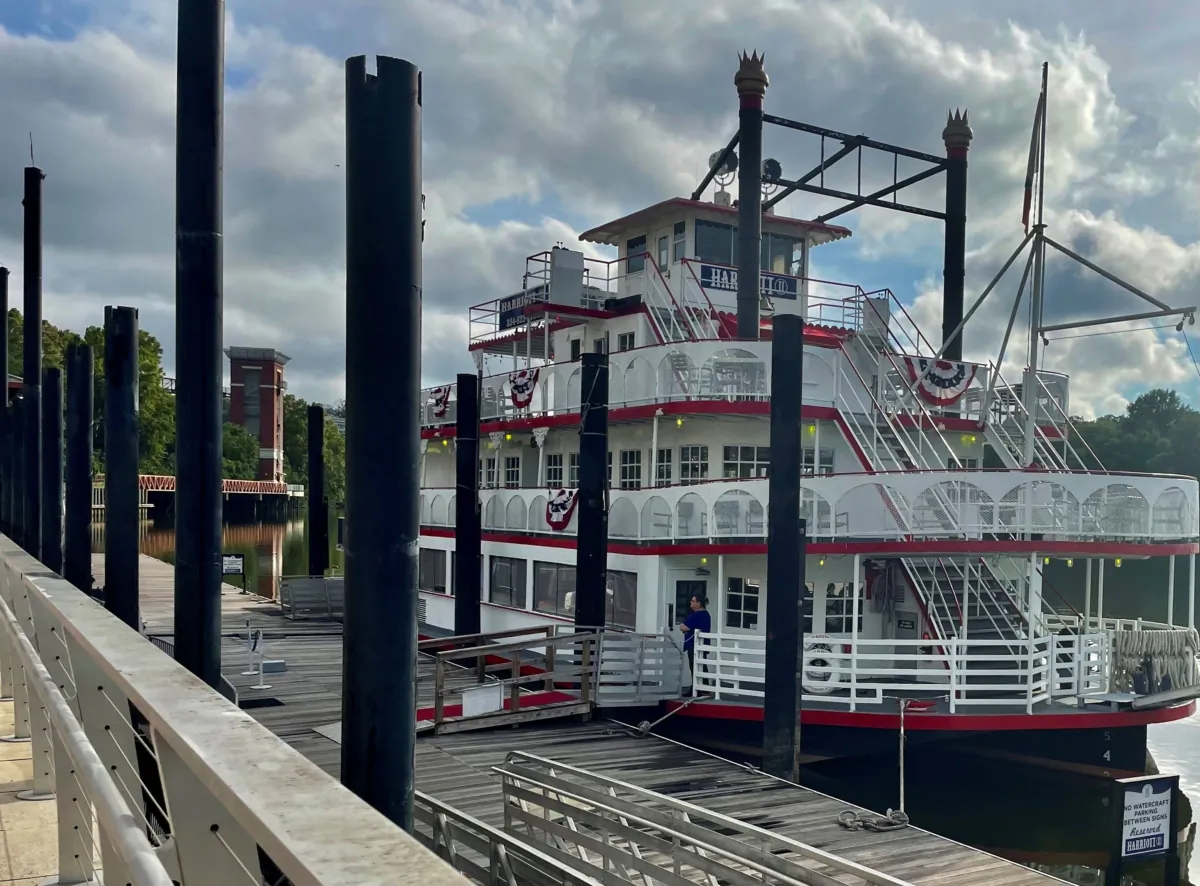 The Harriott II riverboat sits docked in Montgomery, Ala., on Aug. 8, 2023. (Kim Chandler/AP Photo)