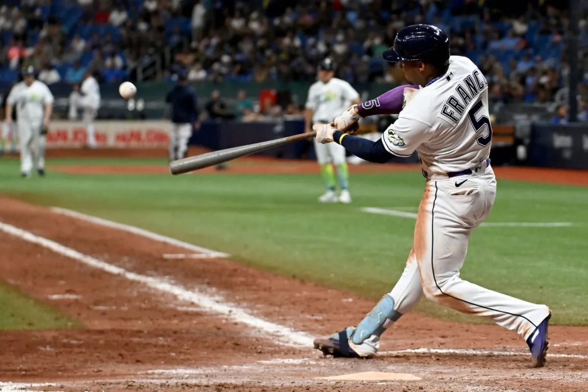Tampa Bay Rays shortstop Wander Franco (5) hits a walk off home run in the ninth inning against the Cleveland Guardians at Tropicana Field in St. Petersburg, Fla., on Aug 11, 2023. (Jonathan Dyer–USA TODAY Sports via Field Level Media)