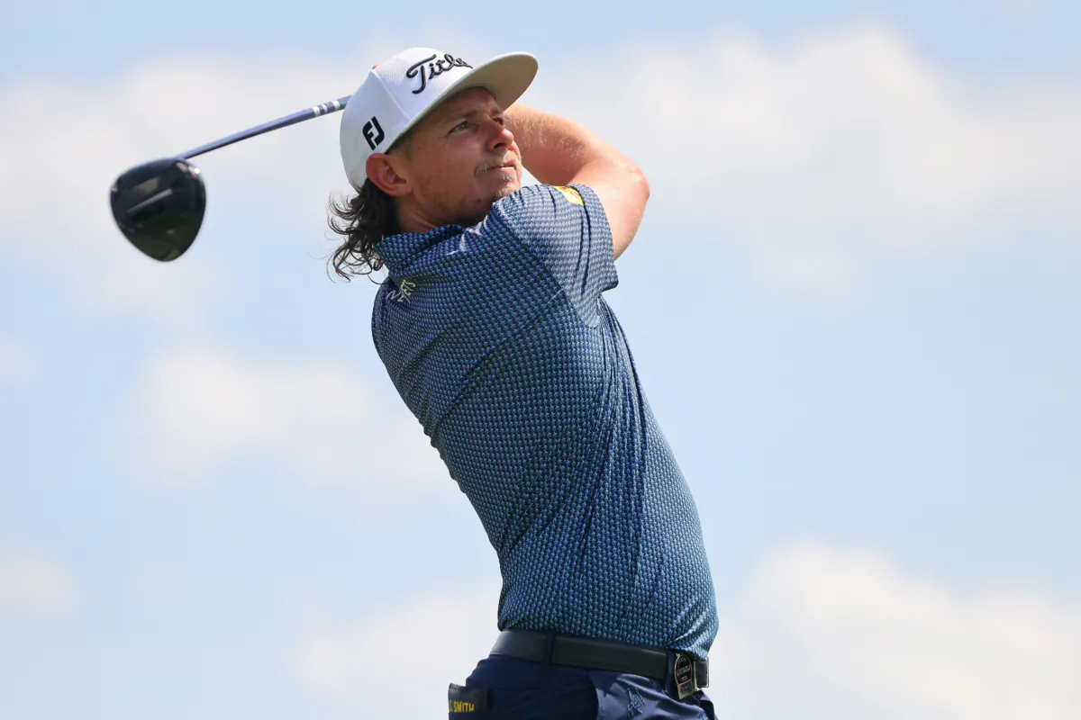 Captain Cameron Smith of Ripper GC hits his shot from the fifth tee during day one of the LIV Golf Invitational –Bedminster at Trump National Golf Club in Bedminster, N.J., on August 11, 2023. (Mike Stobe/Getty Images)