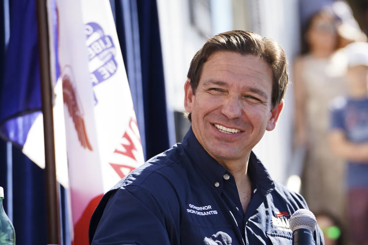 Republican presidential candidate and Florida Gov. Ron DeSantis speaks at the Iowa State Fair in Des Moines, Iowa, on Aug. 12, 2023. (Madalina Vasiliu/The Epoch Times)