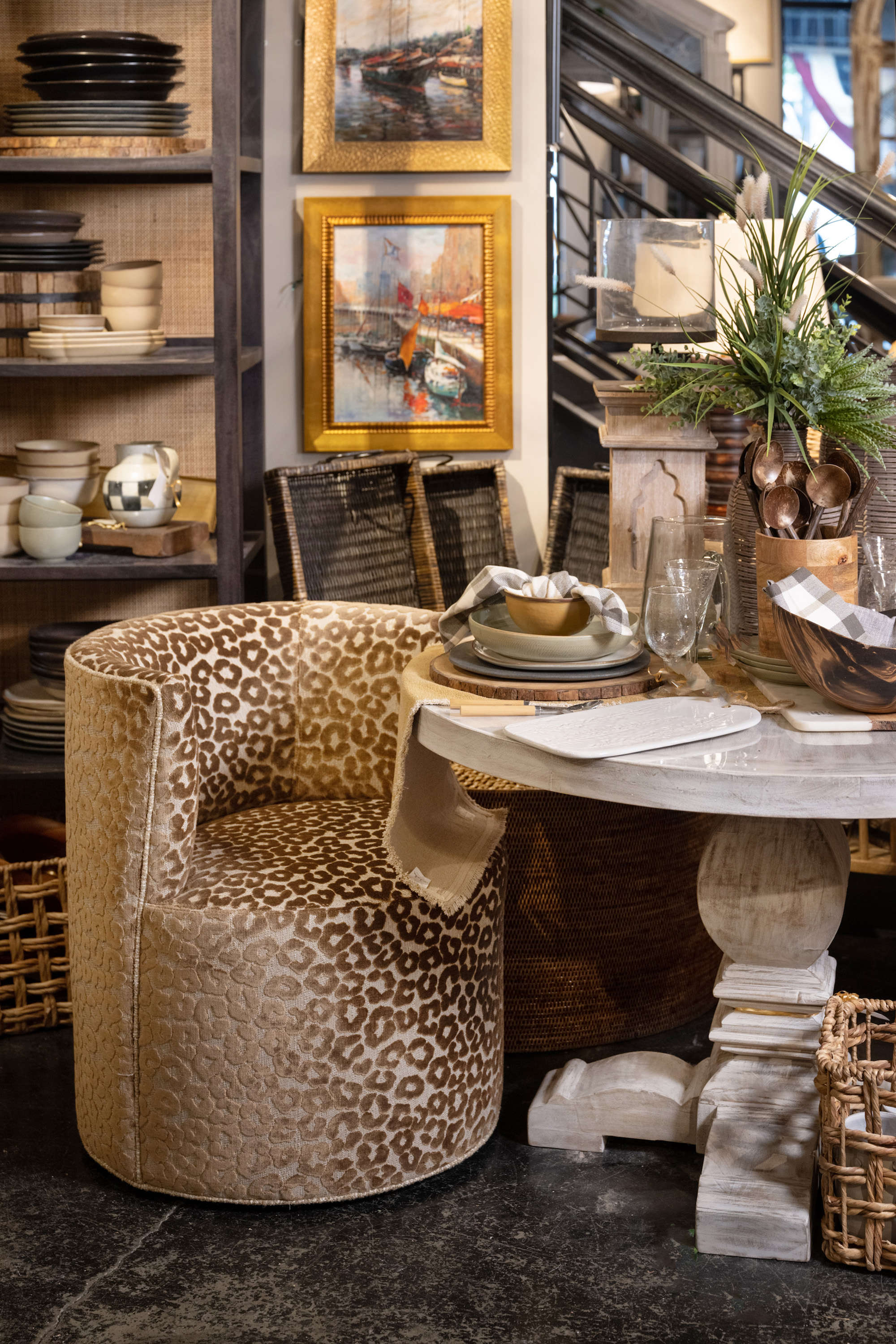 A dining chair charms in sumptuous animal print.