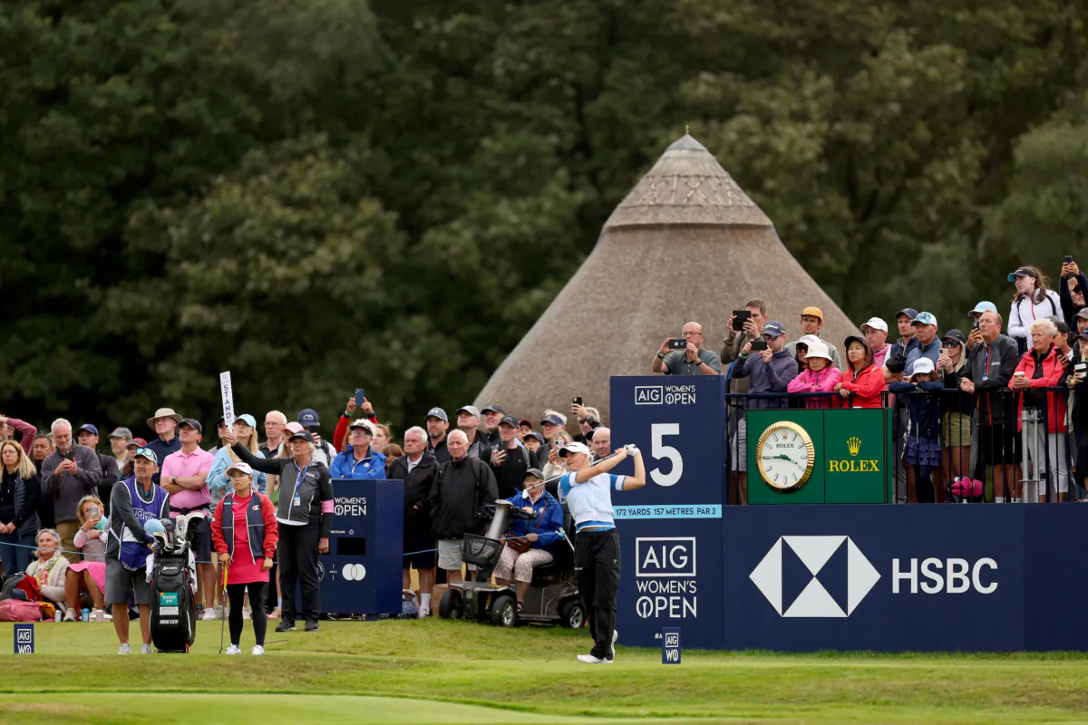 Charley Hull of England plays her tee shot on the 5th hole on Day Three of the AIG Women's Open at Walton Heath Golf Club in Tadworth, England, on August 12, 2023. (Andrew Redington/Getty Images)