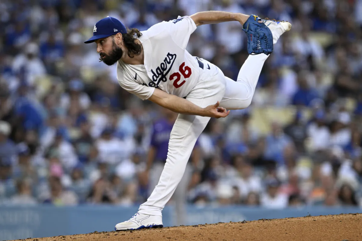 Los Angeles Dodgers startier Tony Gonsolin follows through on a pitch to a Colorado Rockies batter during the fifth inning of a baseball game in Los Angeles on Aug. 12, 2023. (Alex Gallardo/AP Photo)