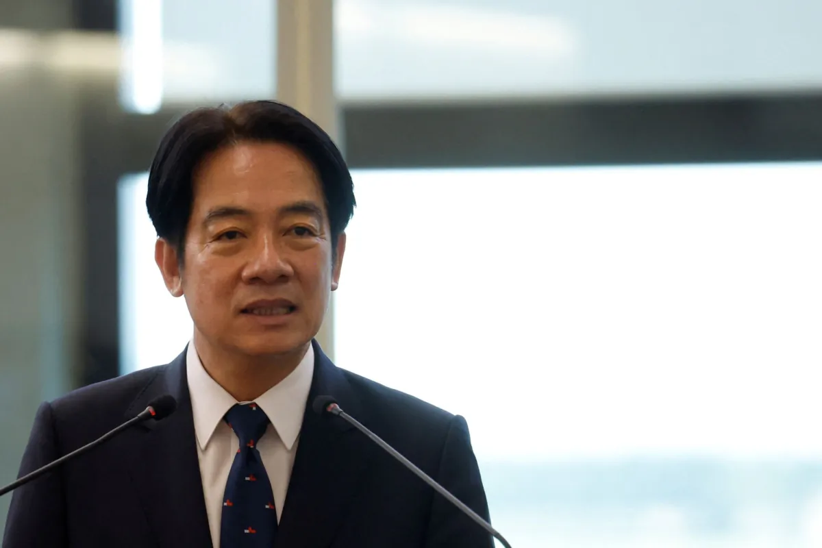 Taiwan's vice president, William Lai, speaks at Taoyuan International Airport before his departure to the United States for a stopover in New York on his way to Paraguay, in Taoyuan, Taiwan, on Aug. 12, 2023. (Carlos Garcia Rawlins/Reuters)