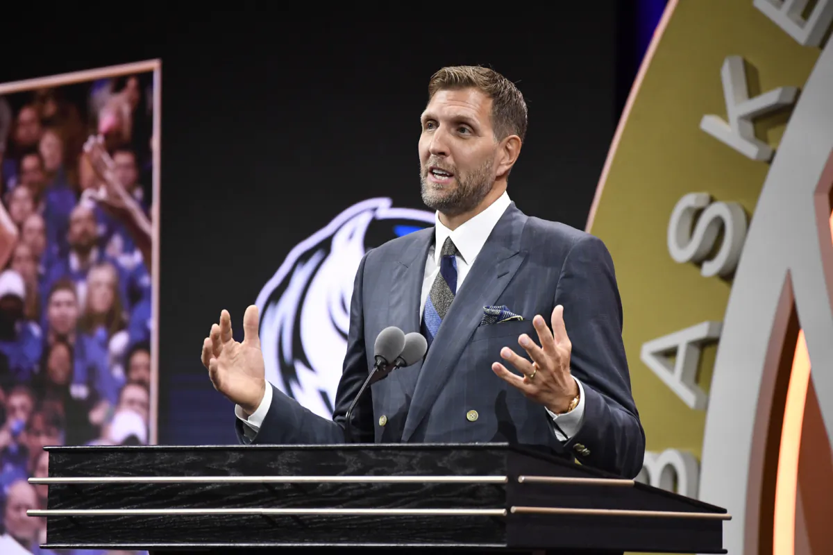 Dirk Nowitzki speaks during his enshrinement at the Basketball Hall of Fame in Springfield, Mass., on Aug. 12, 2023. (Jessica Hill/AP Photo)