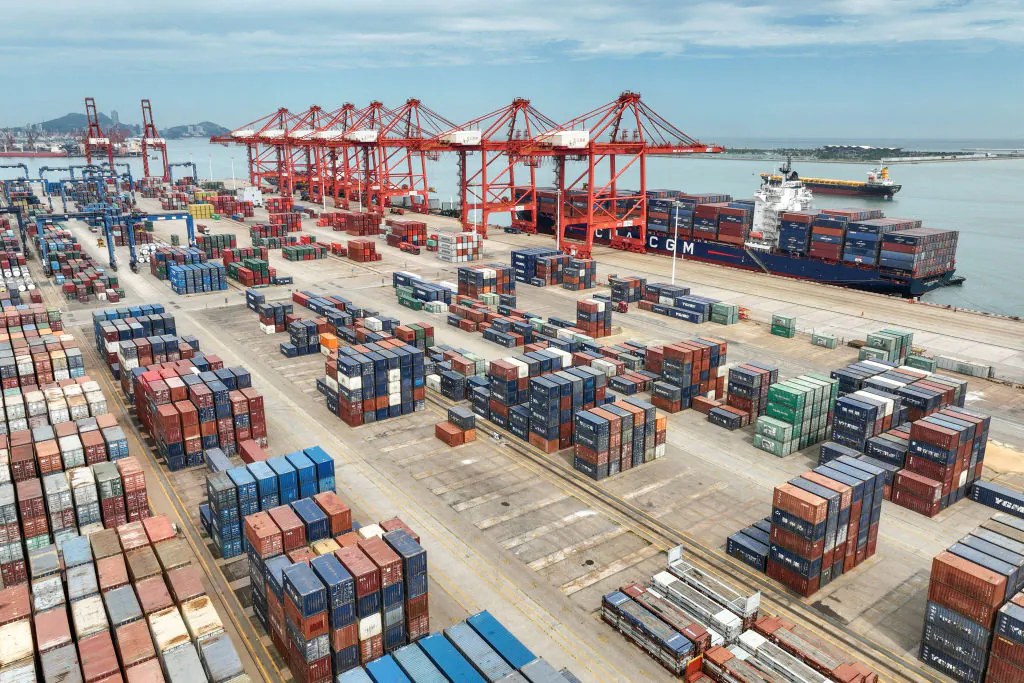 Cranes and shipping containers at Lianyungang port in China's eastern Jiangsu Province on July 16, 2023. (STR/AFP via Getty Images)