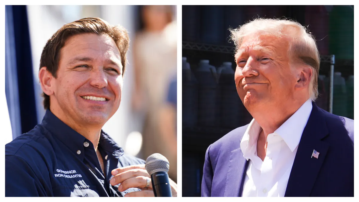 (Left) Republican presidential candidate and Florida Gov. Ron DeSantis speaks at the Iowa State Fair in Des Moines, Iowa, on Aug. 12, 2023. (Right) Former President Donald Trump arrives at the Iowa State Fair in Des Moines, Iowa, on Aug. 12, 2023. (Madalina Vasiliu/The Epoch Times)