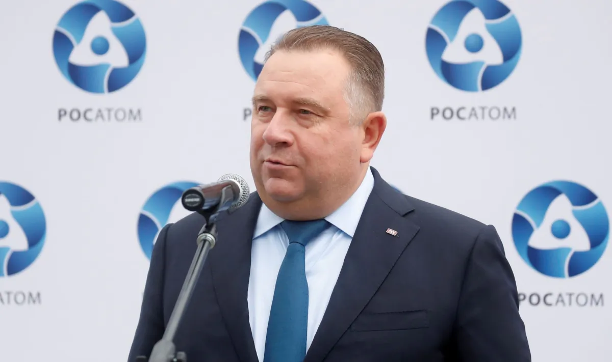 Alexei Rakhmanov, President of the United Shipbuilding Corporation, delivers a speech, Russia, on Aug. 23, 2019. (Maxim Shemetov/Reuters)