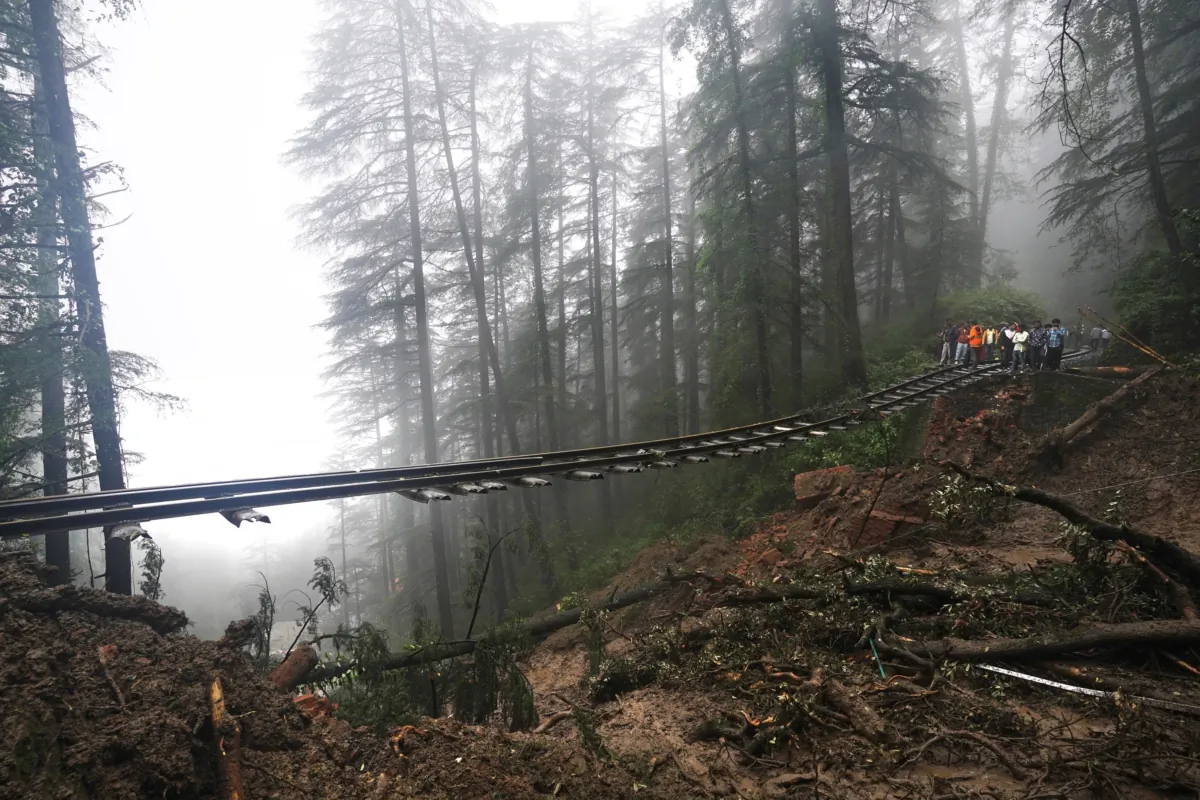 A portion of the Shimla-Kalka heritage railway track that got washed away following heavy rainfall on the outskirts of Shimla, Himachal Pradesh state, India, on Aug. 14, 2023. (Pradeep Kumar/AP Photo)