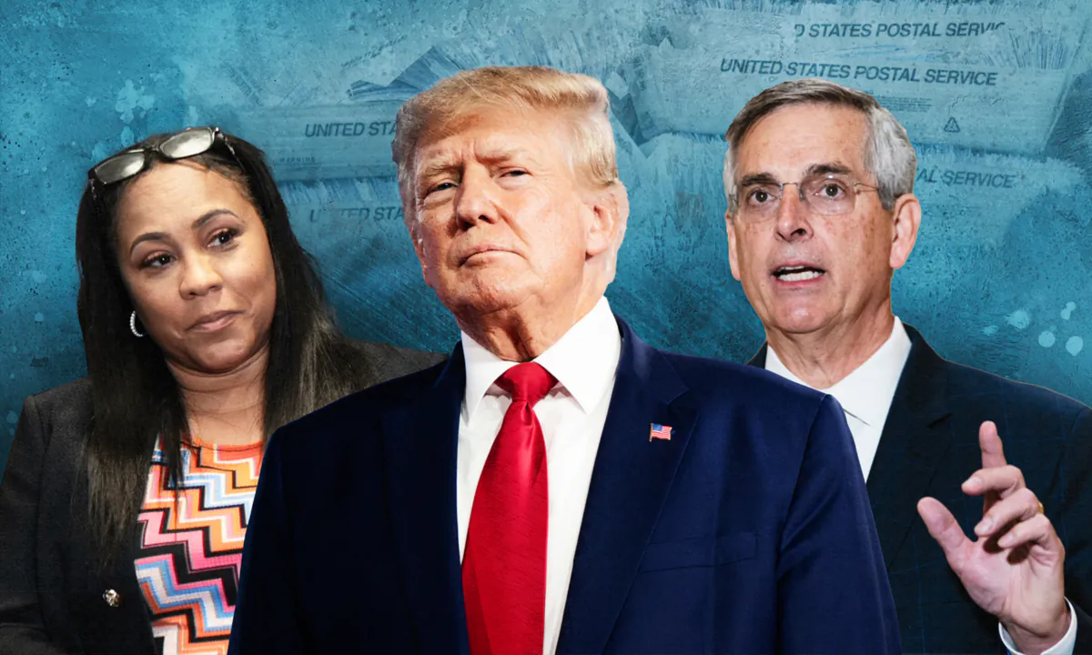 L–R: Fulton County District Attorney Fani Willis, former President Donald Trump, and Georgia Secretary of State Brad Raffensperger. (Megan Varner, Brandon Bell, Elijah Nouvelage/Getty Images)