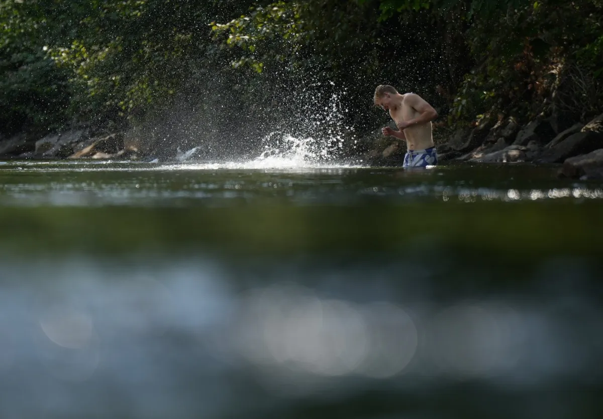 A person cools off in Lynn Creek in North Vancouver, B.C., on July 6, 2023. (The Canadian Press/Darryl Dyck)