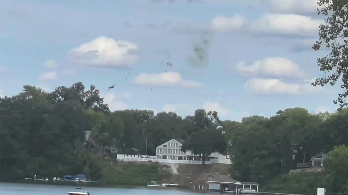 A jet crashes during an air show in Belleville, Mich., on Aug. 13, 2023. (Michelle Quezada via AP)