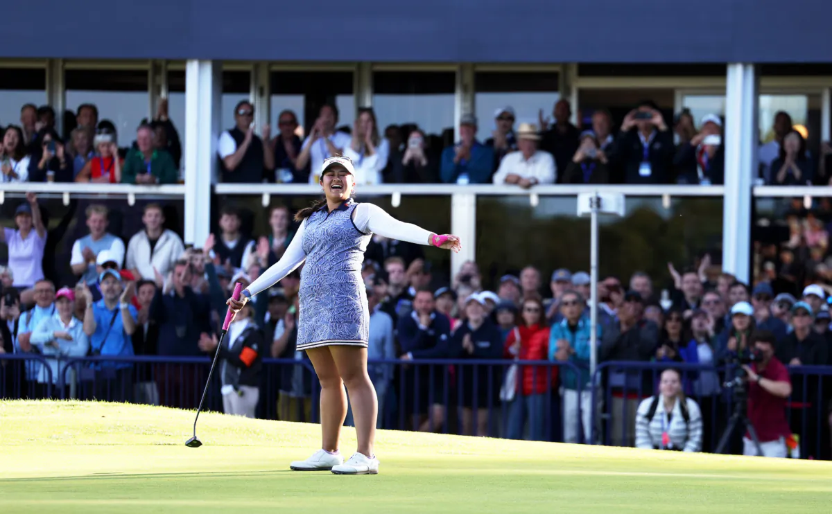 Lilia Vu of the United States celebrates on the 18th green after after making a long birdie putt and winning the AIG Women's Open on Day Four of the AIG Women's Open at Walton Heath Golf Club in Tadworth, England, on August 13, 2023. (Warren Little/Getty Images)