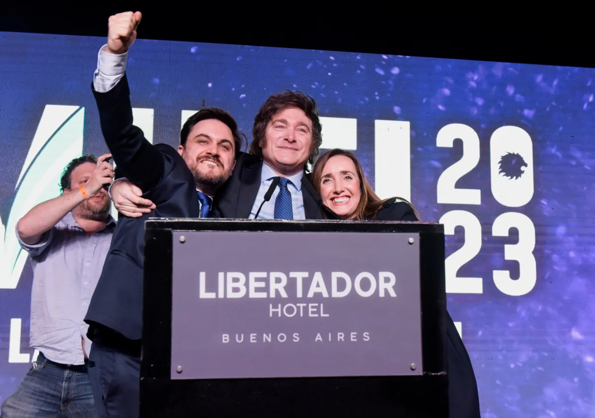 Argentine presidential candidate of the La Libertad Avanza alliance, Javier Milei (C), reacts on stage at his campaign headquarters on the day of Argentina's primary elections, in Buenos Aires, Argentina, on Aug. 13, 2023. (Stringer/Reuters)