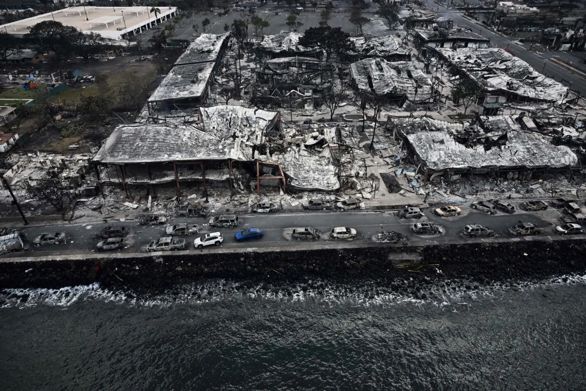 Destroyed buildings on the waterfront burned to the ground in Lahaina on Aug. 10, 2023, in the aftermath of wildfires in western Maui, Hawaii. (Patrick T. Fallon/AFP via Getty Images)