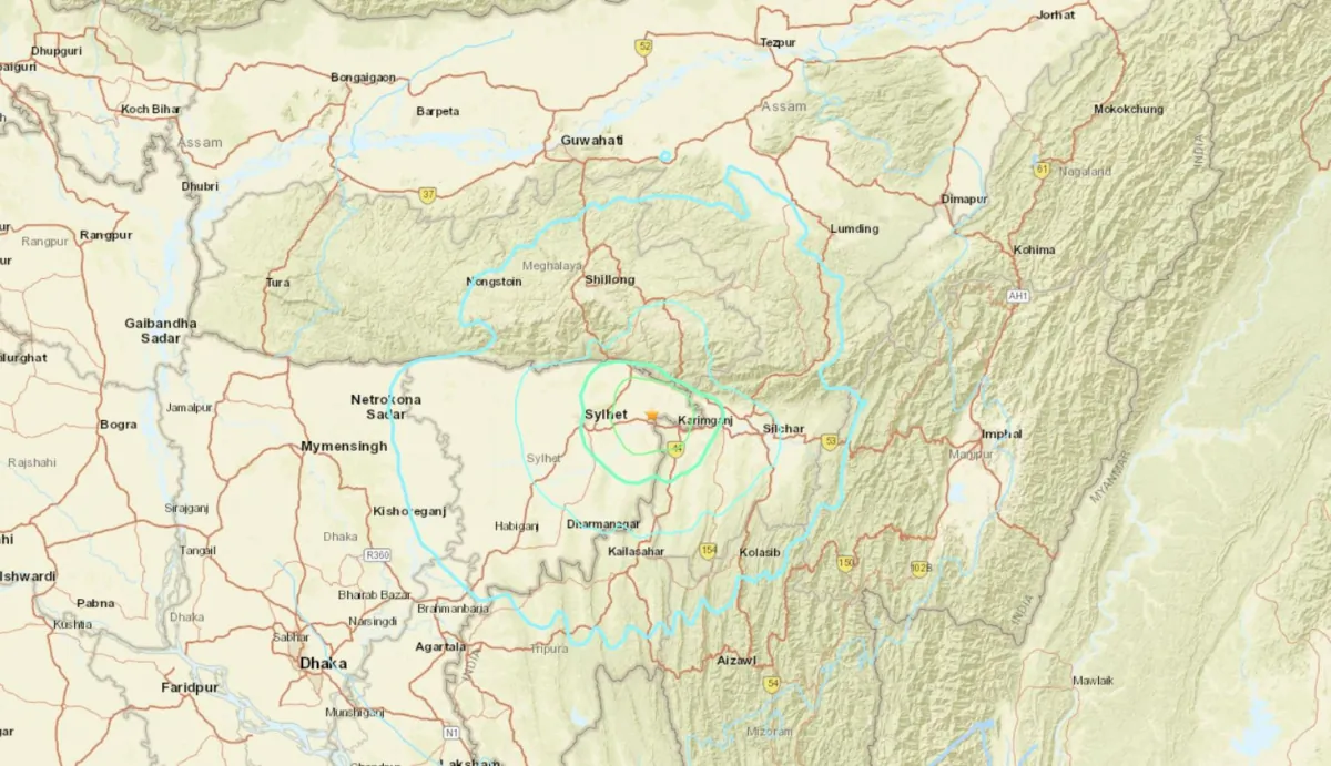 An earthquake struck along the border of northeast India and Bangladesh on Aug. 14, 2023. (USGS/Screenshot via The Epoch Times)