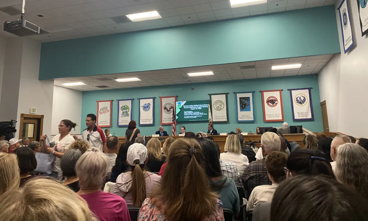 Murrieta Valley Unified schools must notify parents if their child wishes to identify as transgender under a new policy approved by the district’s board at a board meeting in Murrieta, Calif., on Aug. 10, 2023. (Micaela Ricaforte/The Epoch Times)