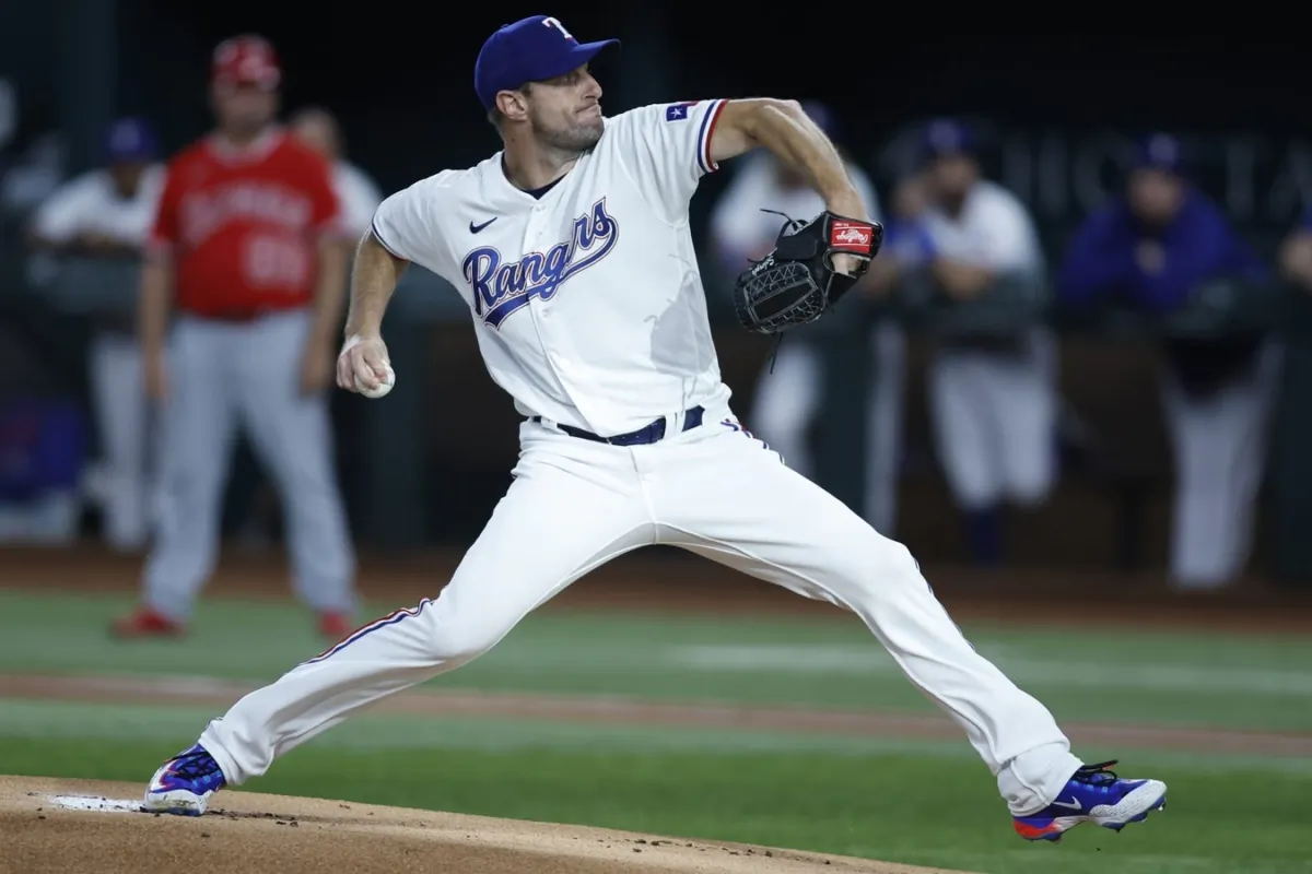 Texas Rangers starting pitcher Max Scherzer (31) throws a pitch in the first inning against the Los Angeles Angels at Globe Life Field in Arlington, Texas, on Aug. 14, 2023. (Tim Heitman-USA TODAY Sports via Field Level Media)