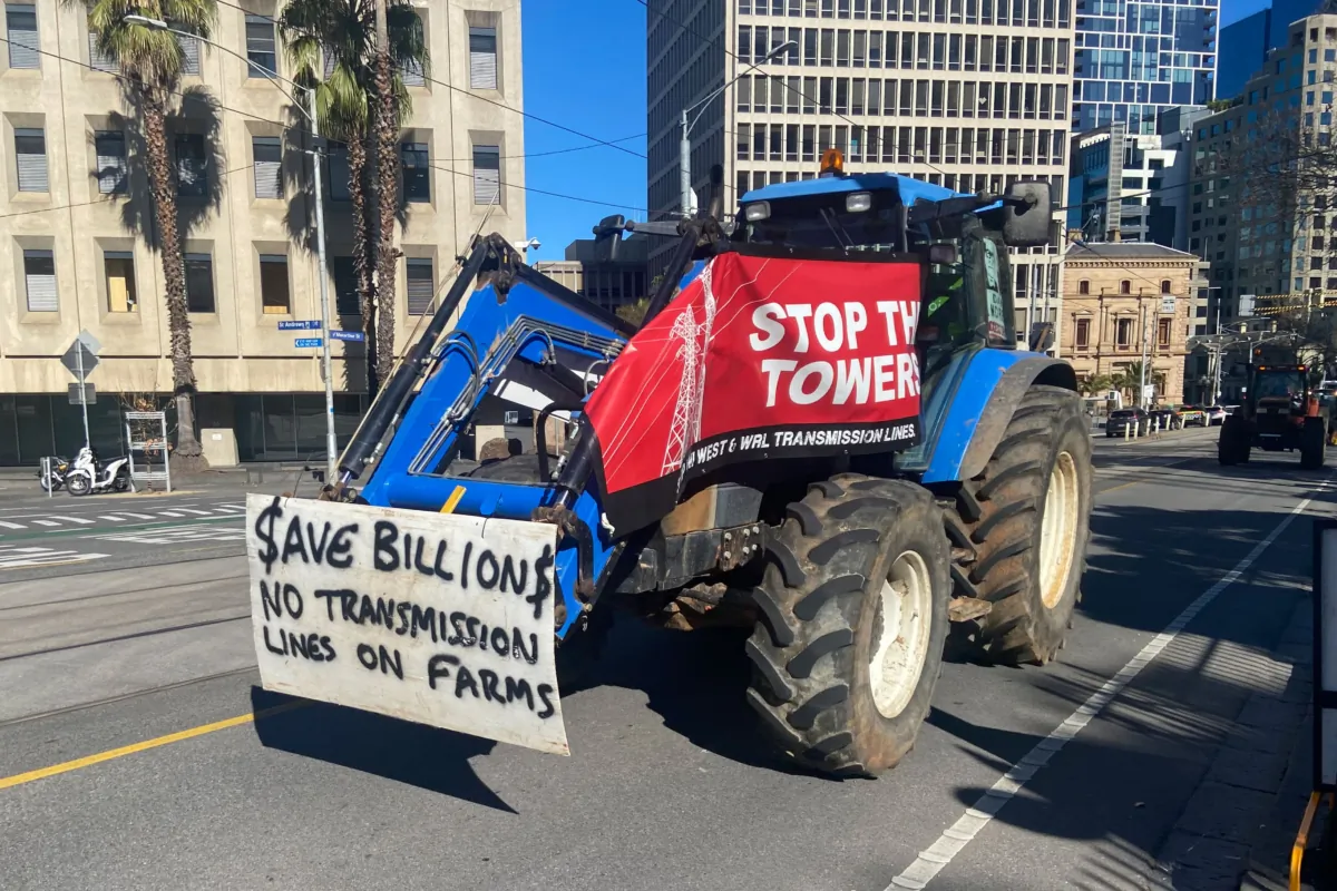 A tractor is seen during a "Stop the Towers" protest outside Victorian State Parliament in Melbourne, Australia, on Aug. 15, 2023. (AAP Image/Callum Godde)