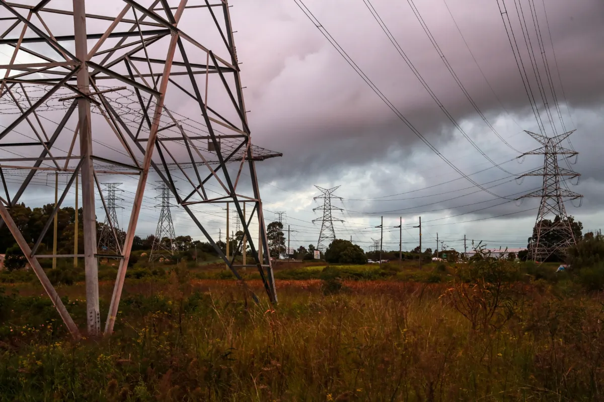 High voltage electricity transmission towers near the Hunter Wetland National Park in Newcastle, Australia, on April 14, 2023. (Roni Bintang/Getty Images)