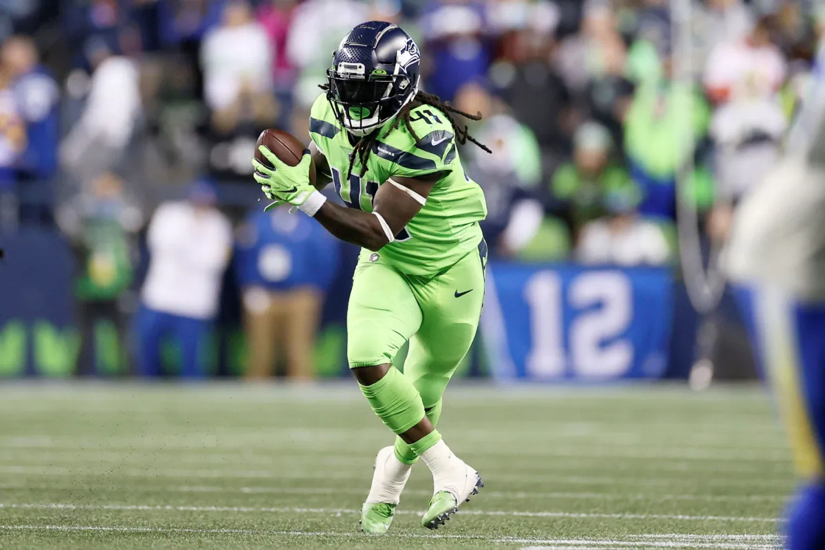 Alex Collins #41 of the Seattle Seahawks carries the ball against the Los Angeles Rams during the fourth quarter at Lumen Field in Seattle, Washington, on Oct. 7, 2021. (Steph Chambers/Getty Images)