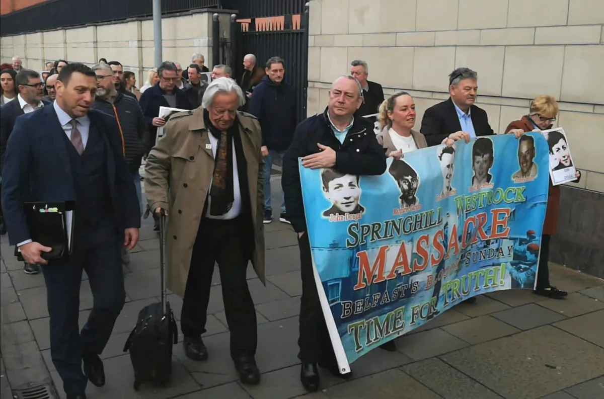 The families of the five Springhill victims accompanied by their legal representatives arriving at Belfast Coroner's Court in Belfast on Feb. 20, 2023. (PA)