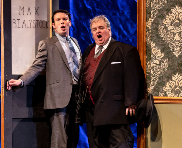 the producers: Leo Bloom (David Geinosky, L) and Max Biaylstock (Thomas M. Shea) concoct a plan to produce the worst theater performance in history.