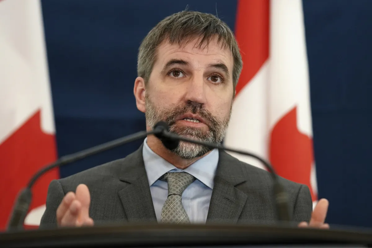 Minister of Environment and Climate Change Steven Guilbeault speaks during media availability at the Climate Positive Energy Initiative conference in Toronto on Aug. 10, 2023. (Arlyn McAdorey/The Canadian Press)