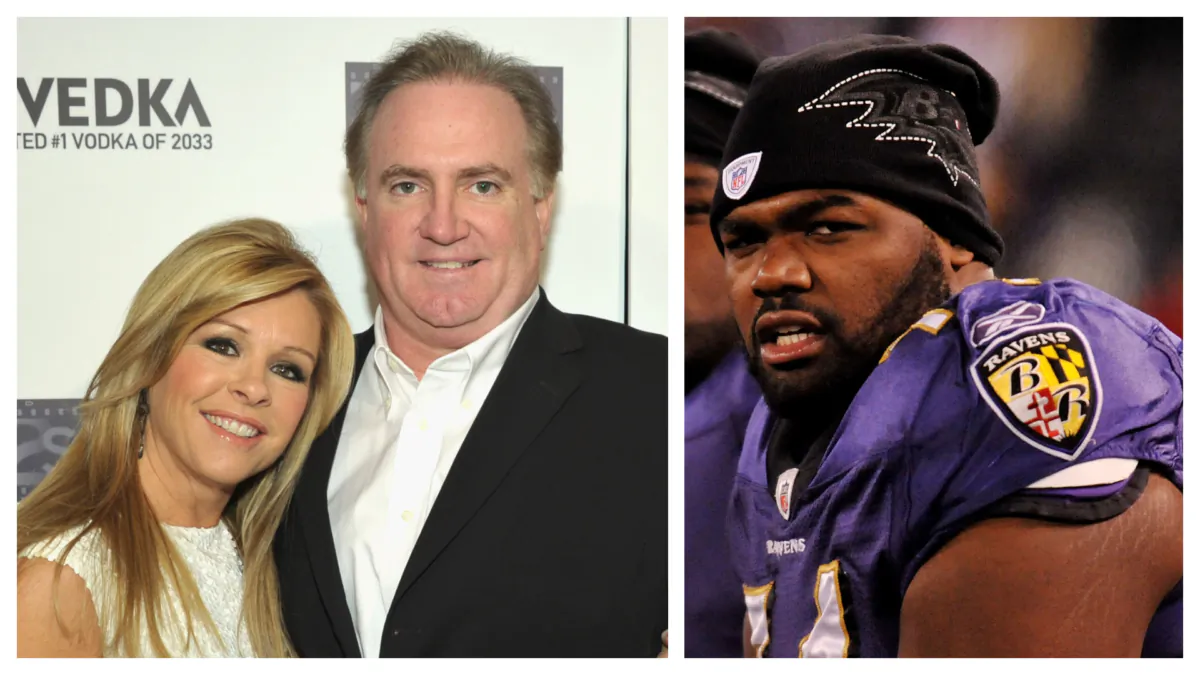 (Left) Leigh Anne Tuohy and Sean Tuohy at Sunset Tower in West Hollywood, Calif., on Feb. 2, 2011. (John Shearer/Getty Images For Children Awaiting Parents); (Right) Tackle Michael Oher #74 of the Baltimore Ravens  at M&T Bank Stadium in Baltimore on Dec. 5, 2010. (Larry French/Getty Images)