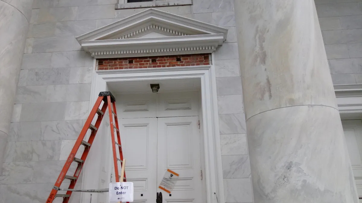 The nameplate of Mead Memorial Chapel at Middlebury College was removed on Sept. 27, 2021. (Courtesy of James Douglas)