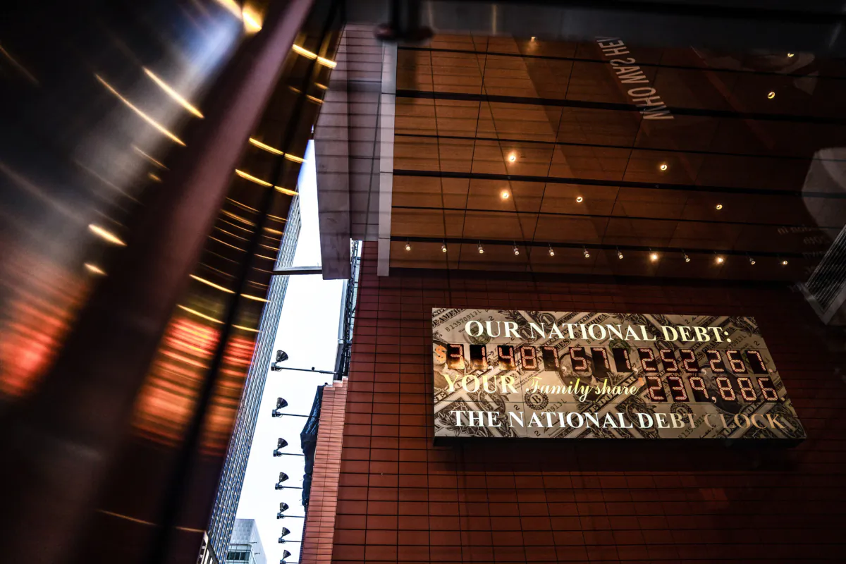 The National Debt Clock in New York City on July 7, 2023.(Samira Bouaou/The Epoch Times)