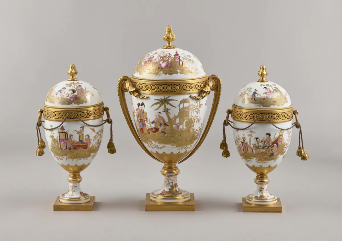 Three Lidded Vases, 1775–1776, by Sèvres Porcelain Manufactory. Hard-paste porcelain with gilt-bronze mounts. National Museum of the Palaces of
Versailles and Trianon. (Courtesy of J.P Getty Museum)