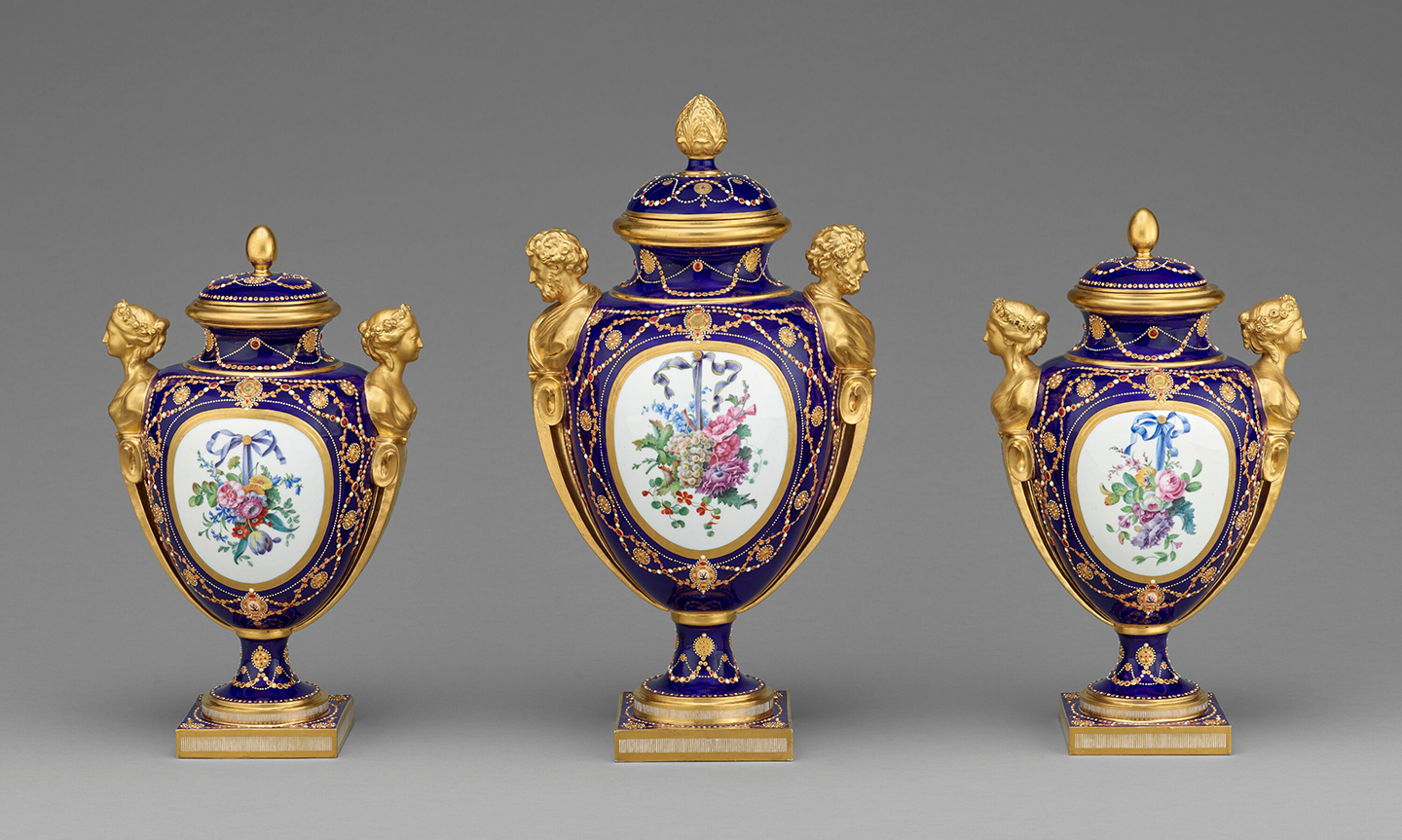 Back of three Versailles vases at the Getty