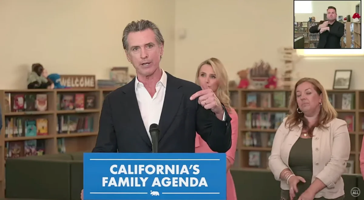 California Gov. Gavin Newsom highlighted his agenda for the state's families at a press conference in Sacramento County, Calif., on Aug. 14, 2023. (California Governor Gavin Newsom via YouTube/Screenshot via The Epoch Times)