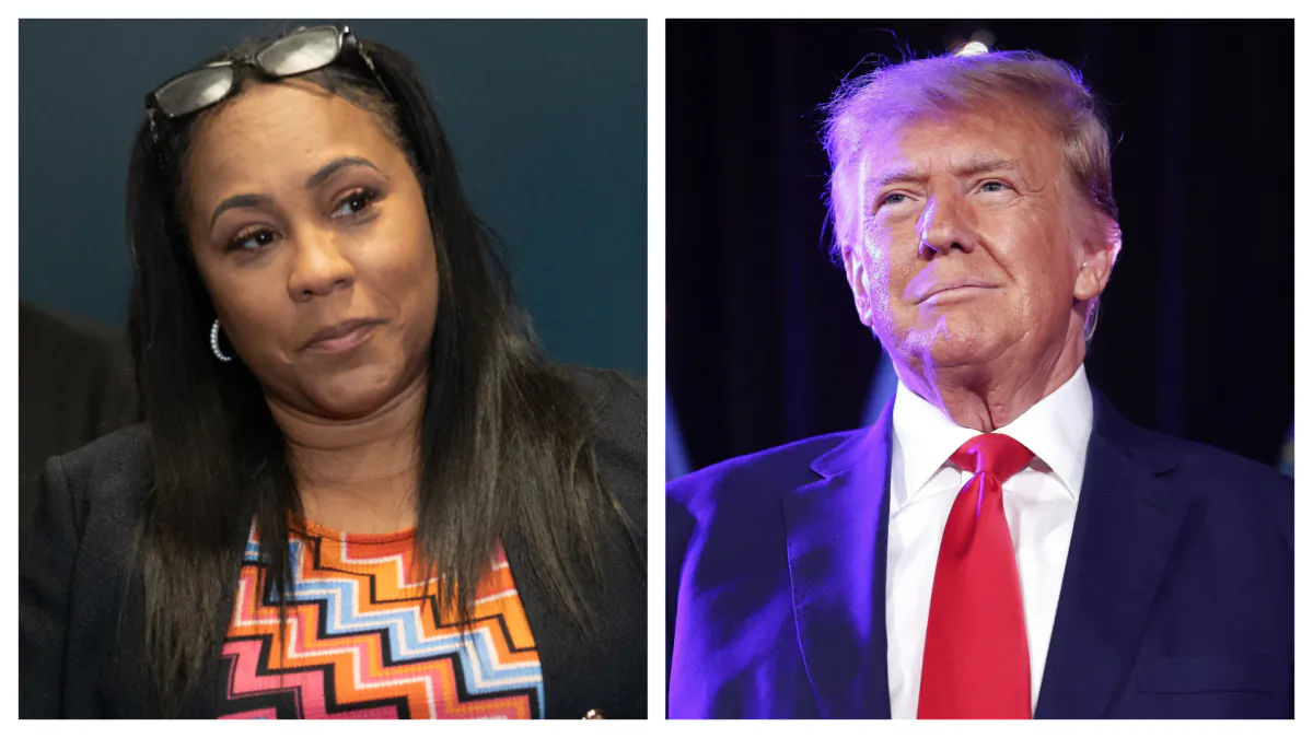 (Left) Fulton County District Attorney Fani Willis at the Atlanta Police headquarters in Atlanta on May 3, 2023; (Right) Former President Donald Trump prepares to deliver remarks in Las Vegas on July 8, 2023. (Megan Varner, Mario Tama/Getty Images)