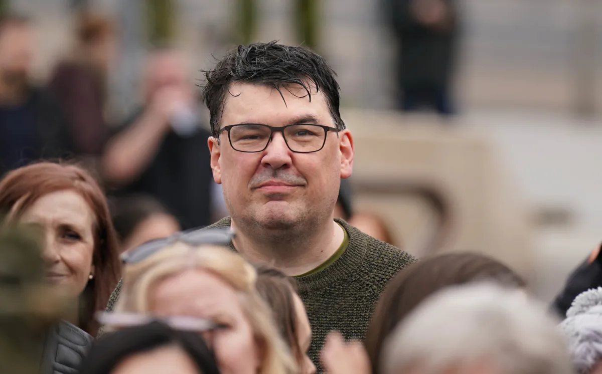 'Father Ted' co-creator Graham Linehan during a Let Women Speak rally in Belfast on April 16, 2023. (PA) 