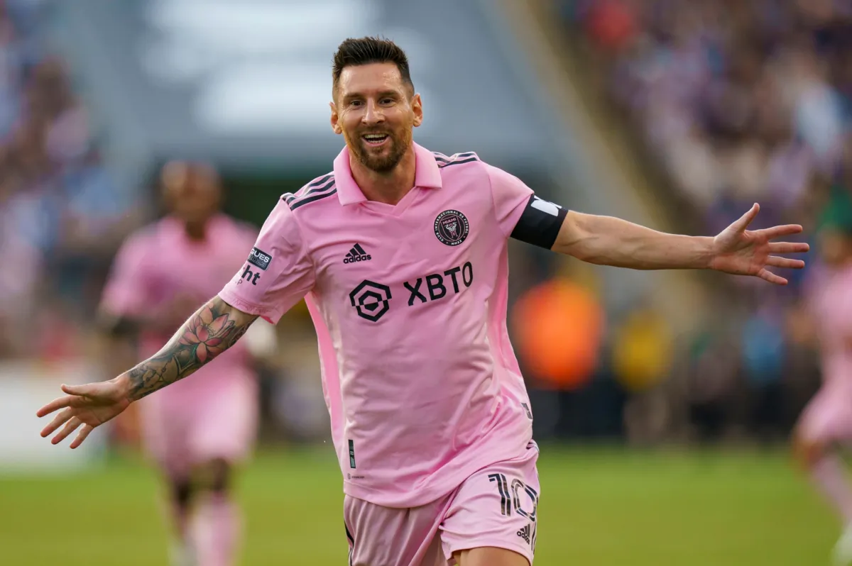 Inter Miami's Lionel Messi celebrates his goal against the Philadelphia Union during the first half of a Leagues Cup soccer semifinal in Chester, Pa., on Aug. 15, 2023. (Chris Szagola/AP Photo)